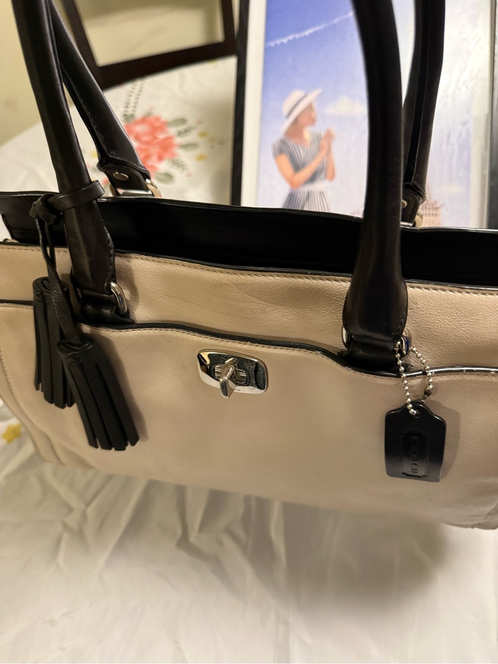 Coach Two-Tone Leather Tote in Cream and Black - Picture 11 of 11